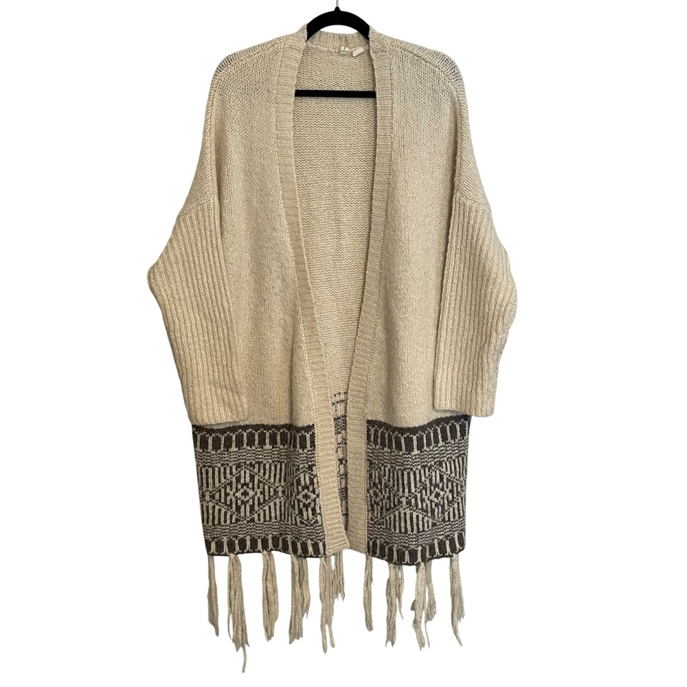 Anthropologie Moth Cream Grey Geometric Fringe Open Front Cardigan Sweater M